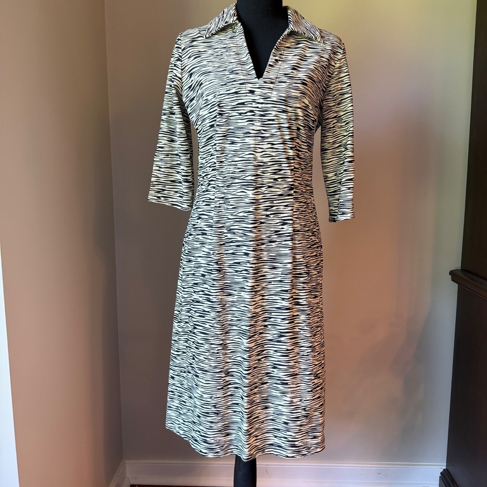 Jude Connally Zebra Print Dress Small Black White Stretch Knit‎ USA Made Midi